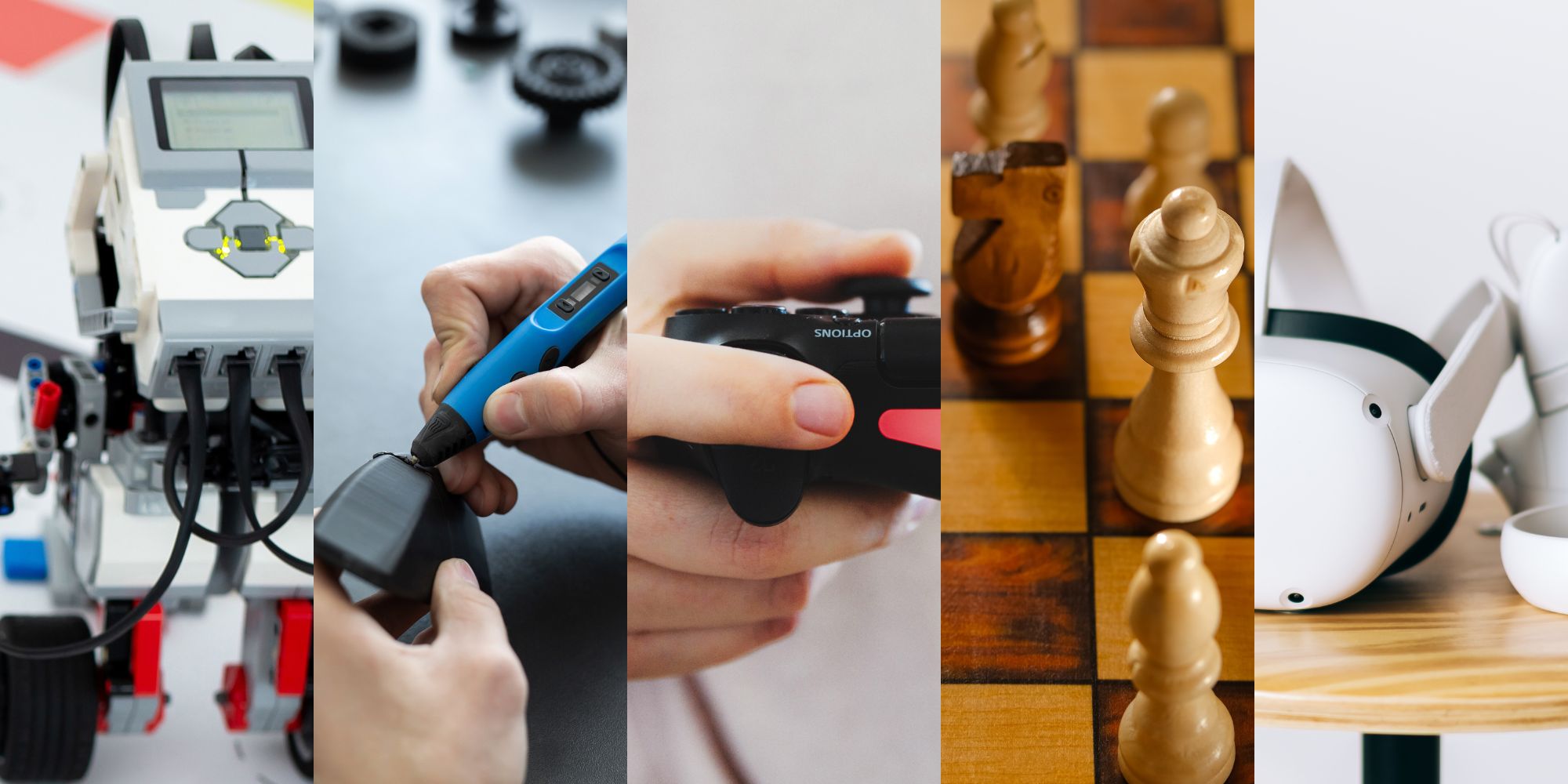 Stock Imagery featuring a Robots, a 3D pen, a videogame controller, chess, and a VR Set
