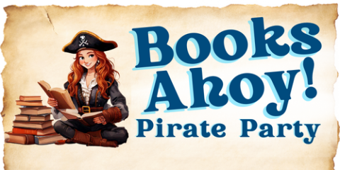 graphic of a librarian pirate with a pile of books and the words 'Books Ahoy!'