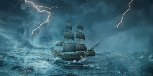 Spooky ship on the high seas, in a storm