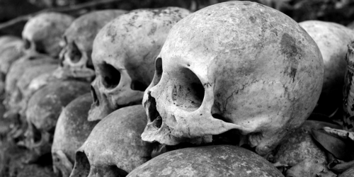 Black and white image of skulls stacked on one another