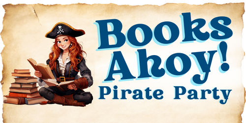 graphic of a librarian pirate with a pile of books and the words 'Books Ahoy!'